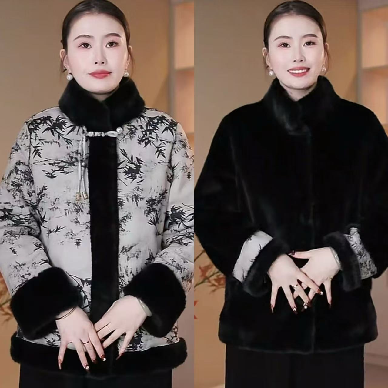 （双面双穿）冬季新款立领中长款V领常规中老年女装外套复古加厚