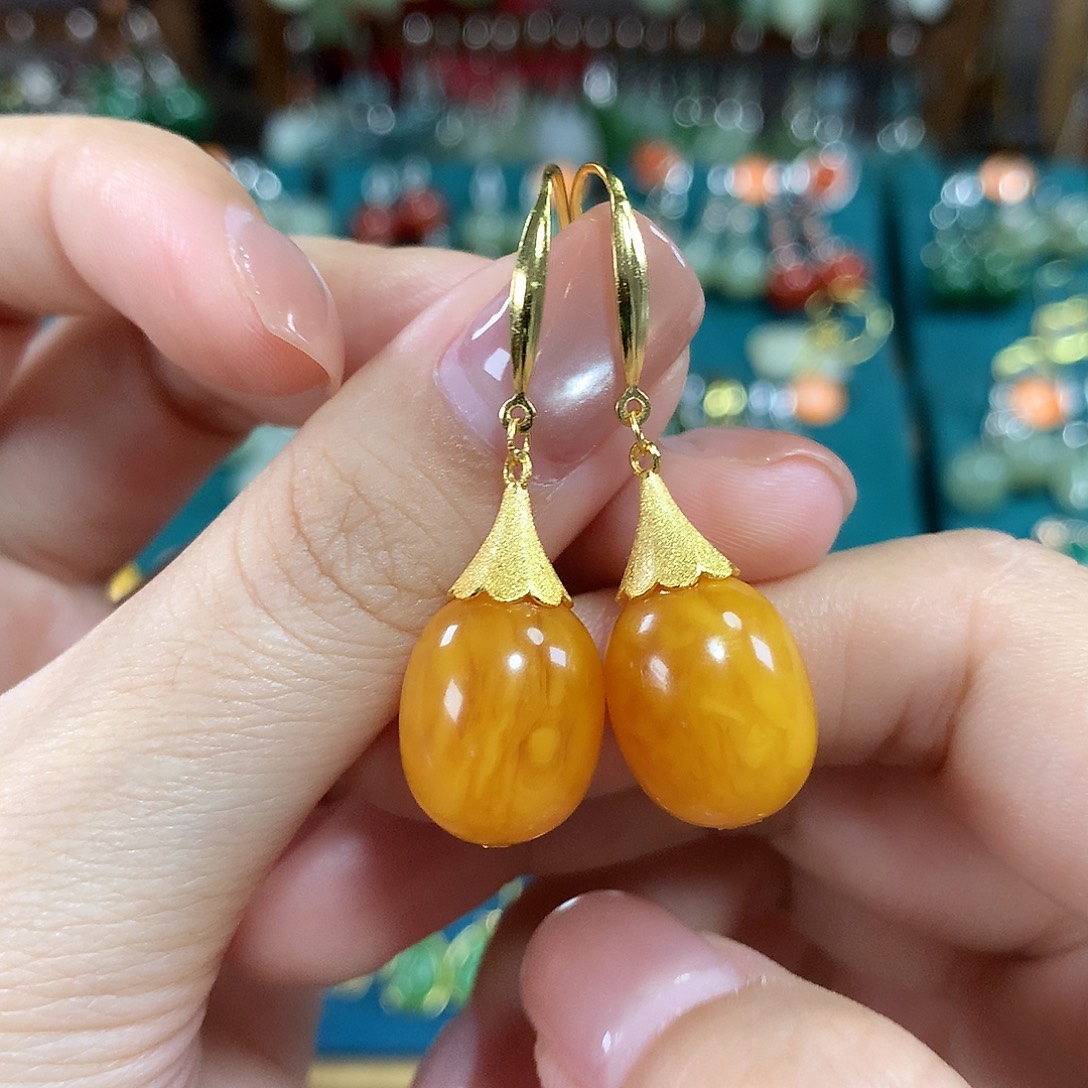 蜜蜡银S925镶嵌耳饰卡15*12左右