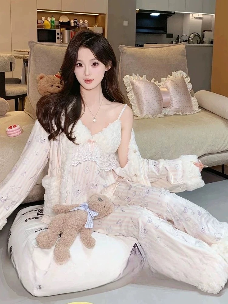 【甜心派对】秋冬季海岛绒睡衣女士甜美少女风吊带开衫家居服三件套