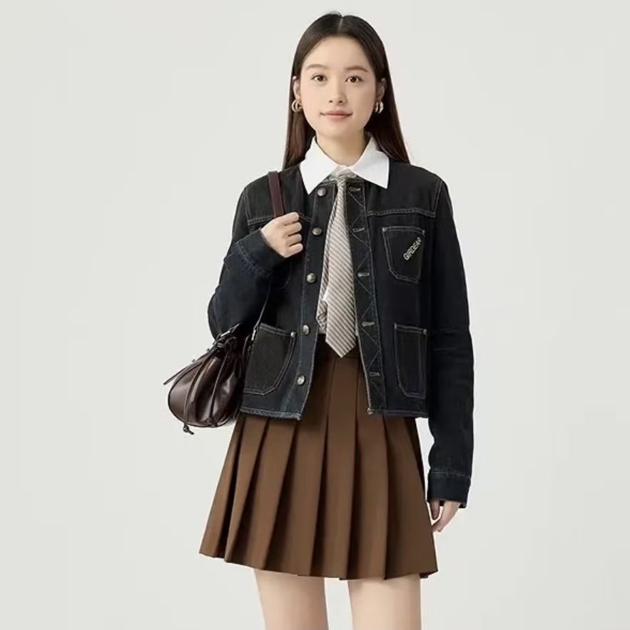 GIRDEAR/哥弟新款复古圆领短款百搭牛仔国风外套女牛仔上衣140008