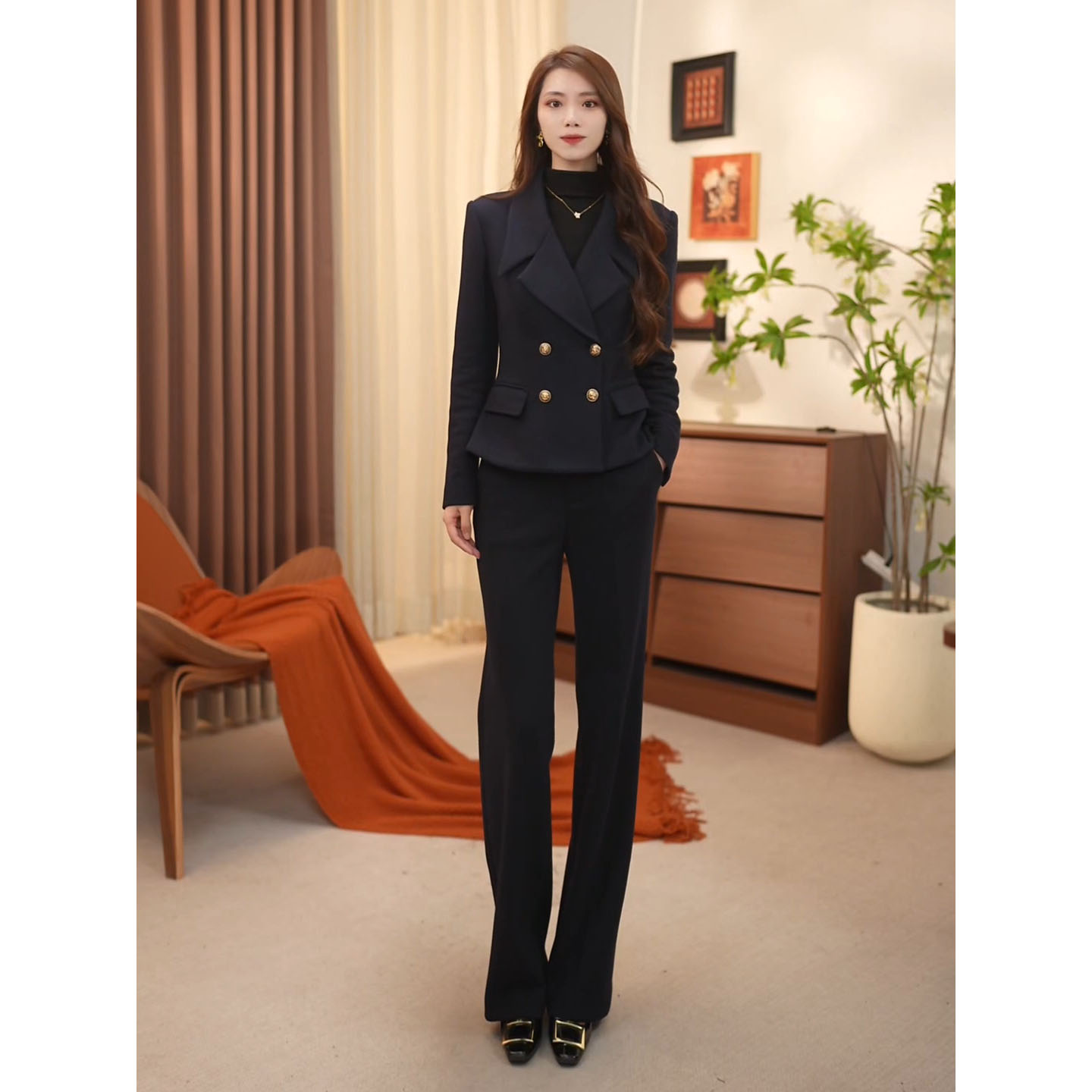 2025冬款羊毛深藏青长袖高级感西装套装女神范通勤穿搭（3122）
