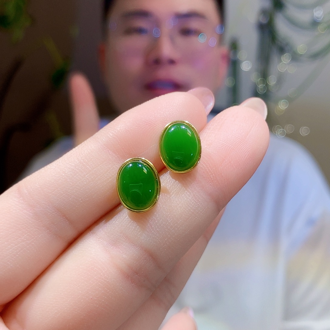 银S925镀金镶嵌和田玉（碧玉）耳饰
