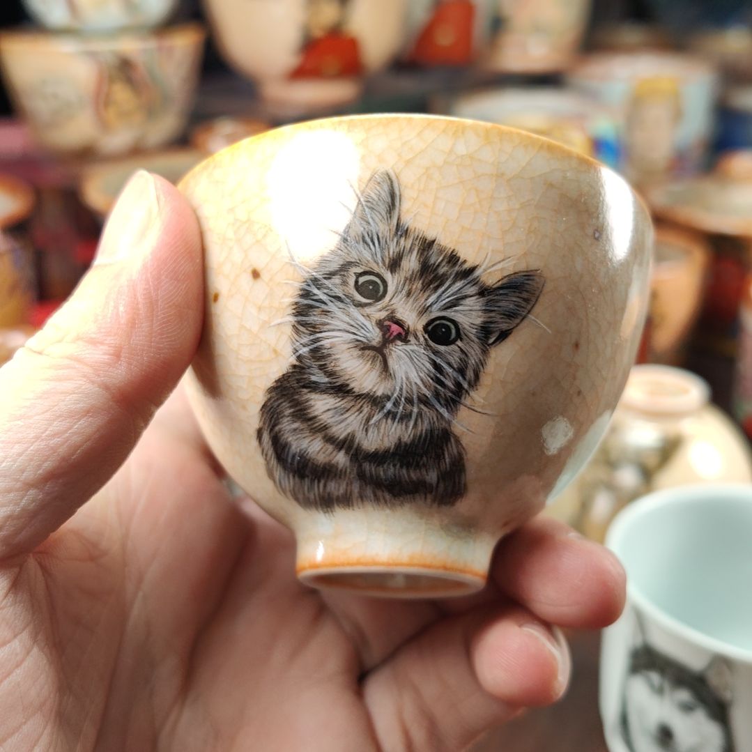 小猫主人杯景德镇手绘陶瓷茶具