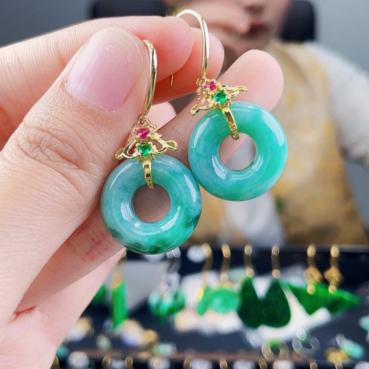 翡翠耳饰银S925镶嵌饰品