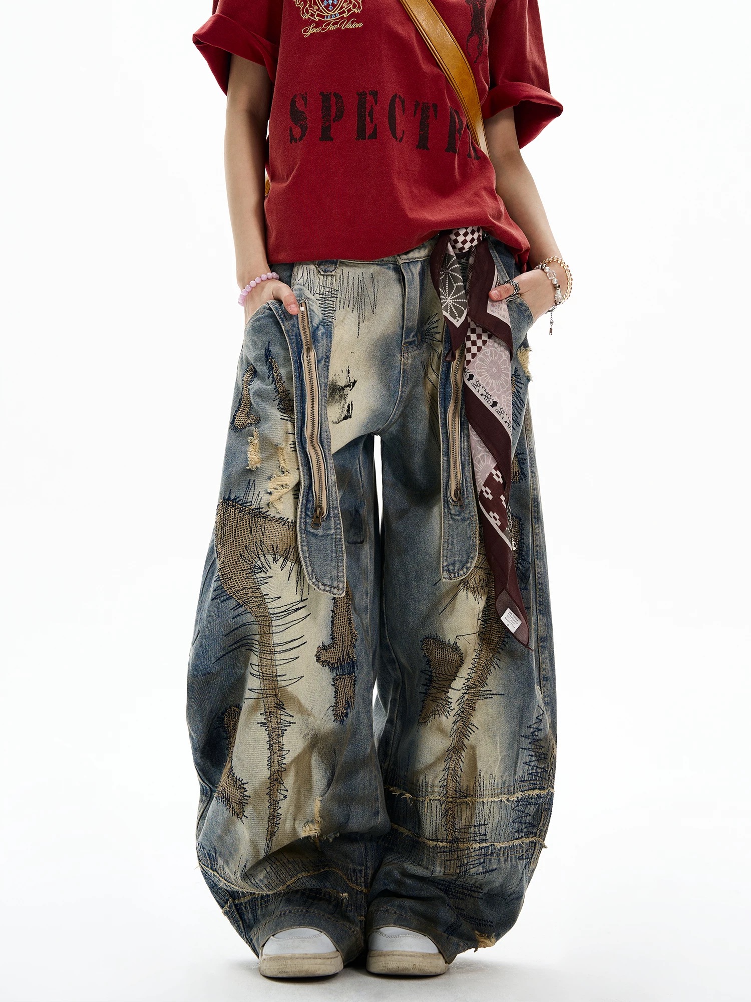 水洗长裤直筒朋克风宽松牛仔裤复古裤子阔腿裤印花国风休闲裤高街