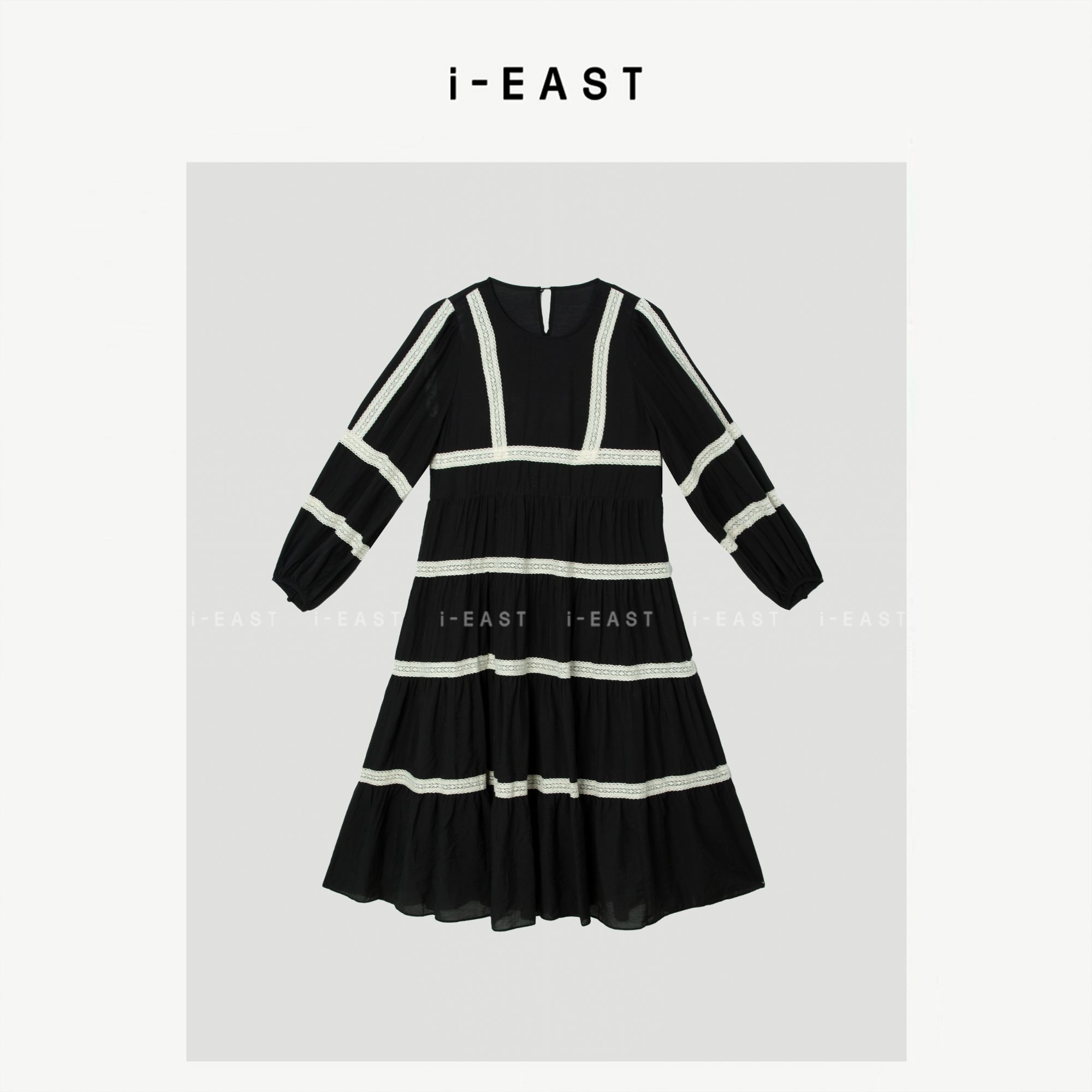 i-EAST QQ 经典实穿~条纹设计感长袖连衣裙-5X Q13998