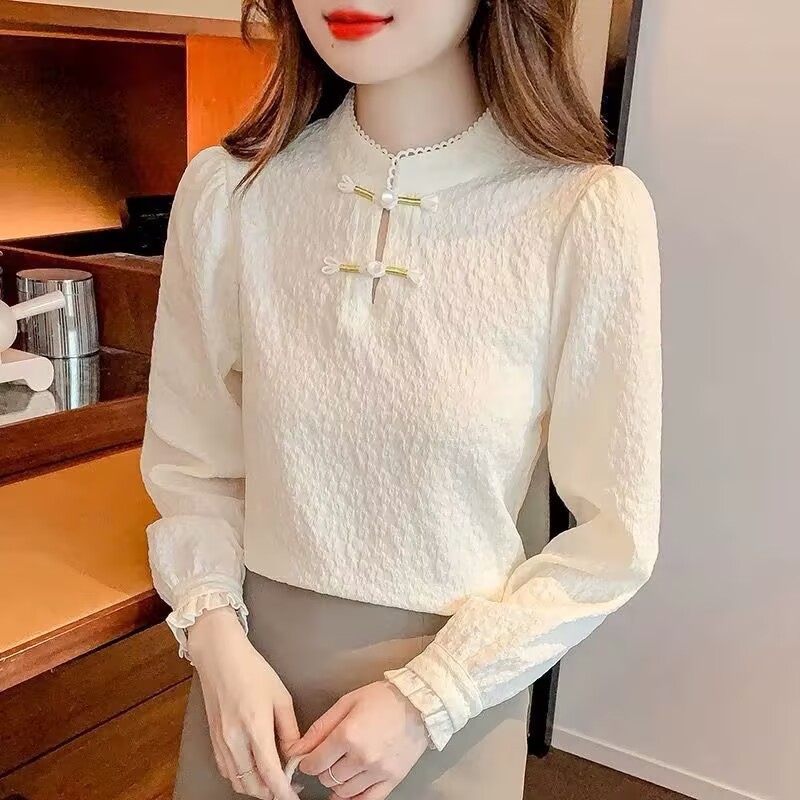 新中式旗袍上衣洋气气质打底女士小衫春季新款轻国风盘扣立领长袖