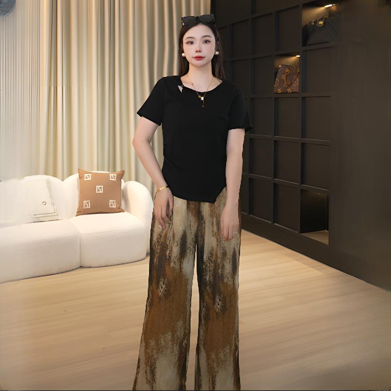 feinina/菲尼娜大码女时尚扭结不规则百搭减龄短袖T恤套装13923