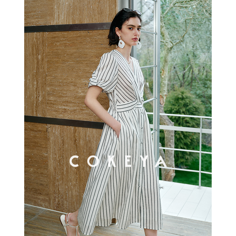 COKEYA/“优雅钢琴曲”真丝长款高级感条纹V领短袖衬衫连衣裙夏