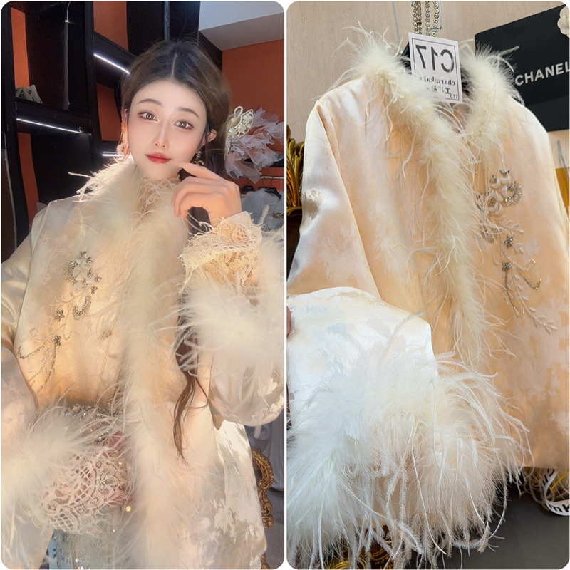 【夜庭花月】63725重工串珠贝壳花朵提花新中式羽绒外套大码胖MM