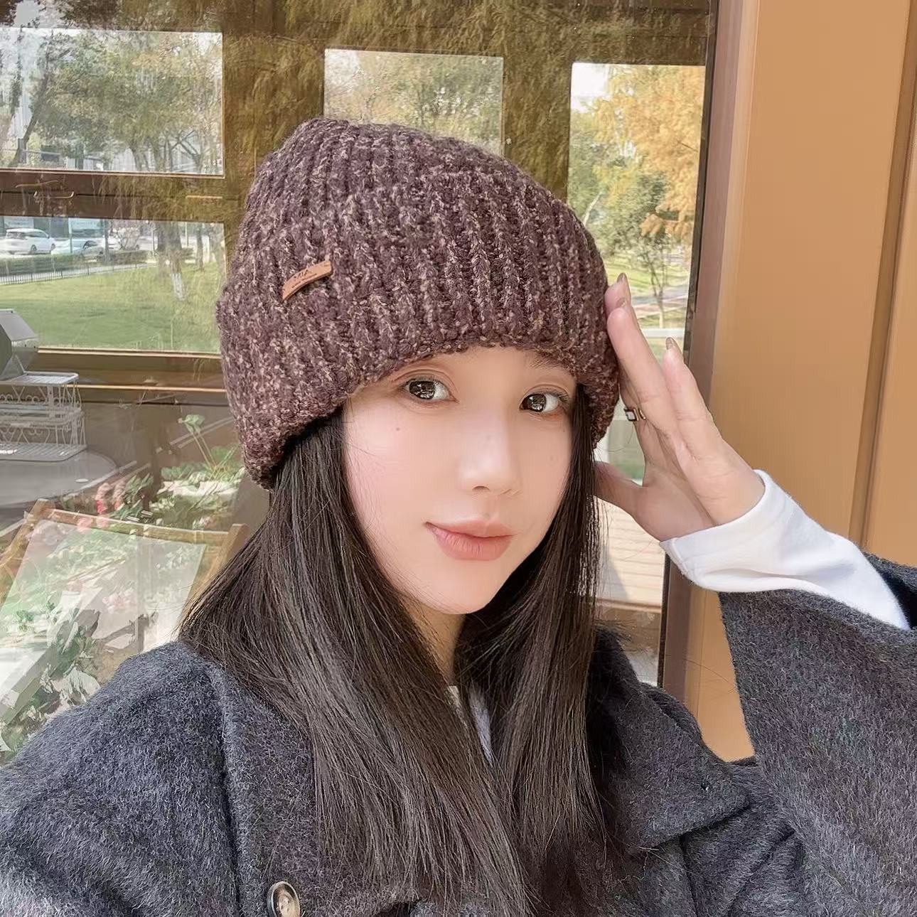 邓肯花纱毛线帽女秋冬季大头围时尚百搭针织帽显脸小保暖包头冷帽