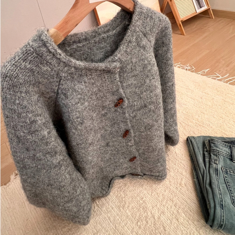 【反季促销】女开衫款磨毛圆领毛针织衫灰色秋冬时尚韩版毛衣开衫