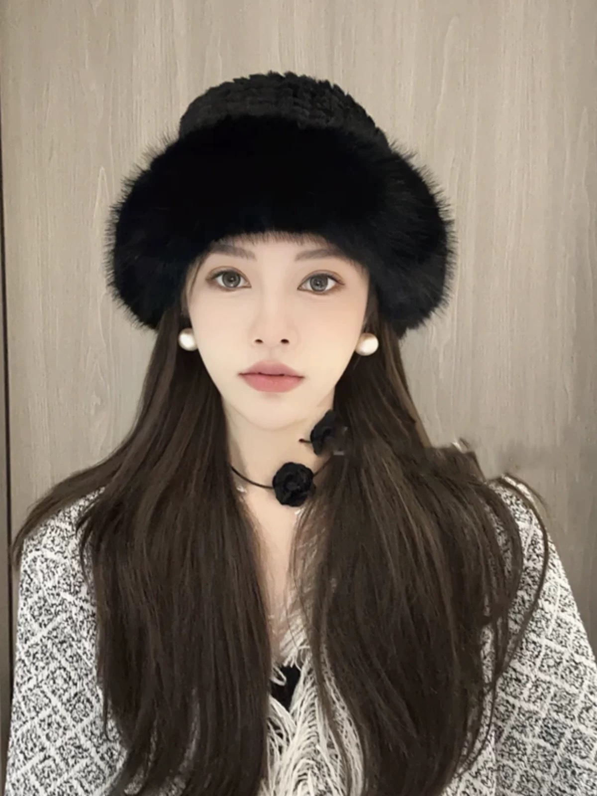 帽子女渔夫帽冬季出游黑色水桶帽ins网红毛呢秋冬季时尚复古