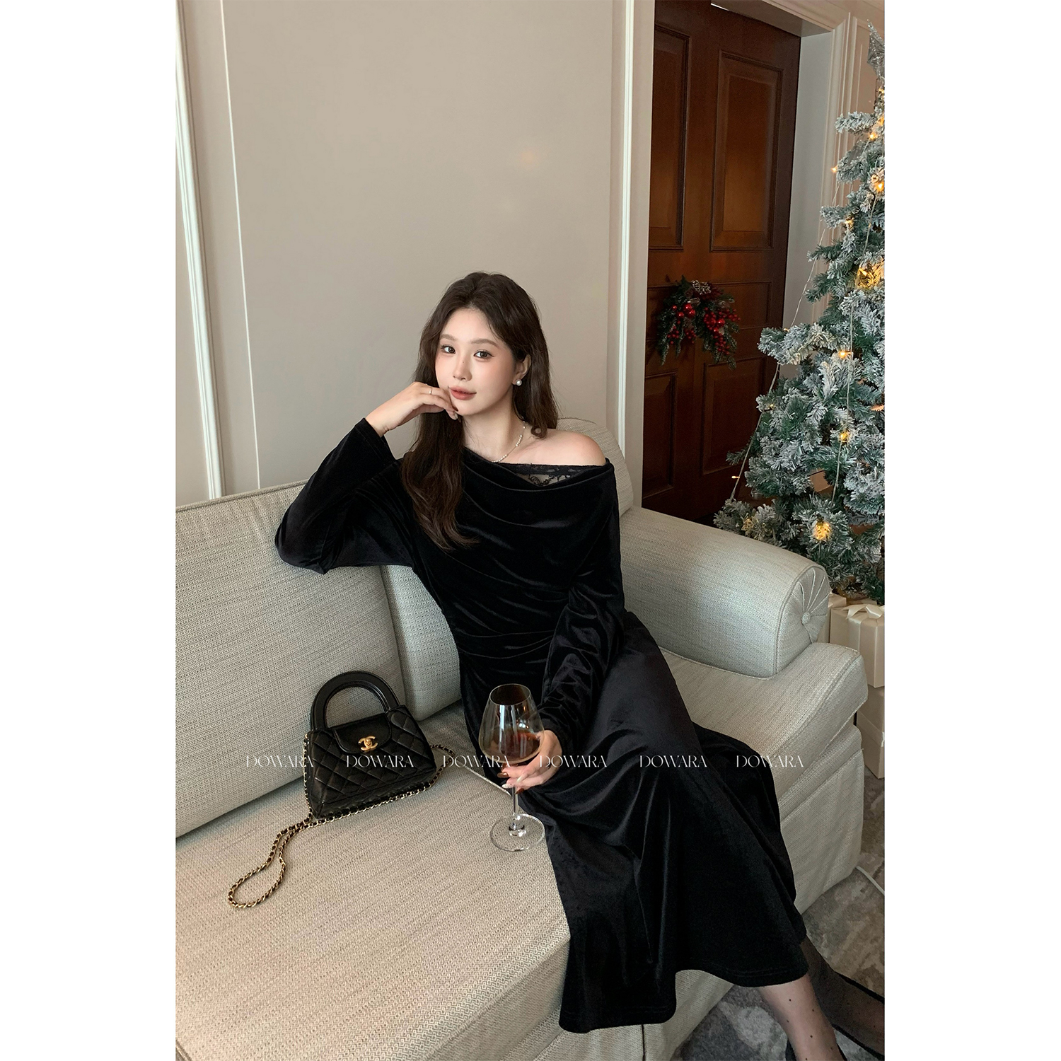 现货大婉酱微胖定制【黑玫瑰】法式拼接蕾丝荡领丝绒连衣裙冬 1412D