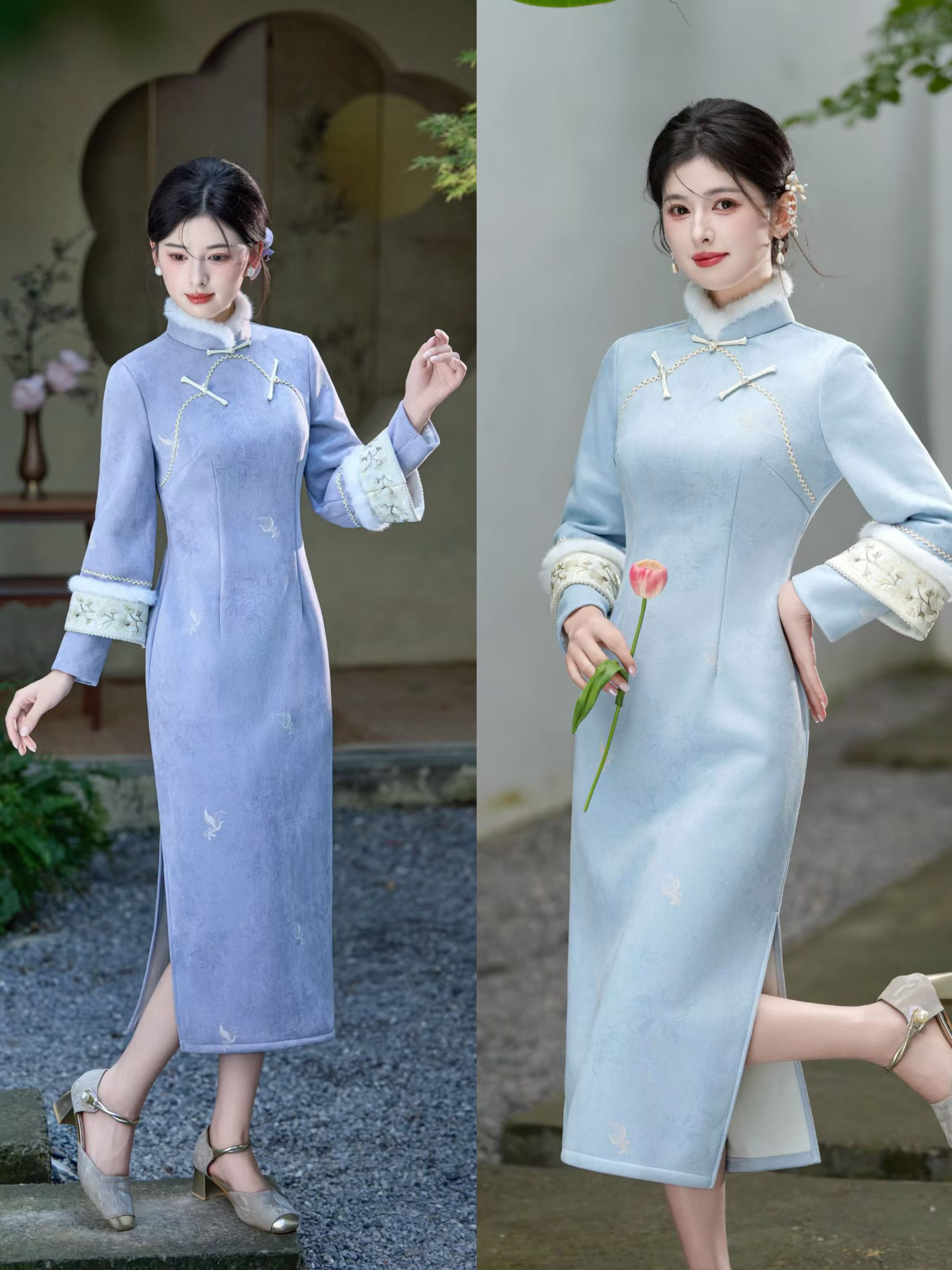 风华《冬枝》小个子冬款双色低开衩立领新中式115旗袍中国风加厚