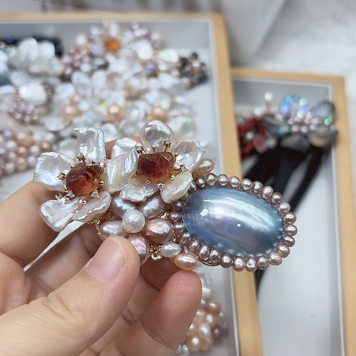 淡水珍珠发饰银S925镶嵌九*木