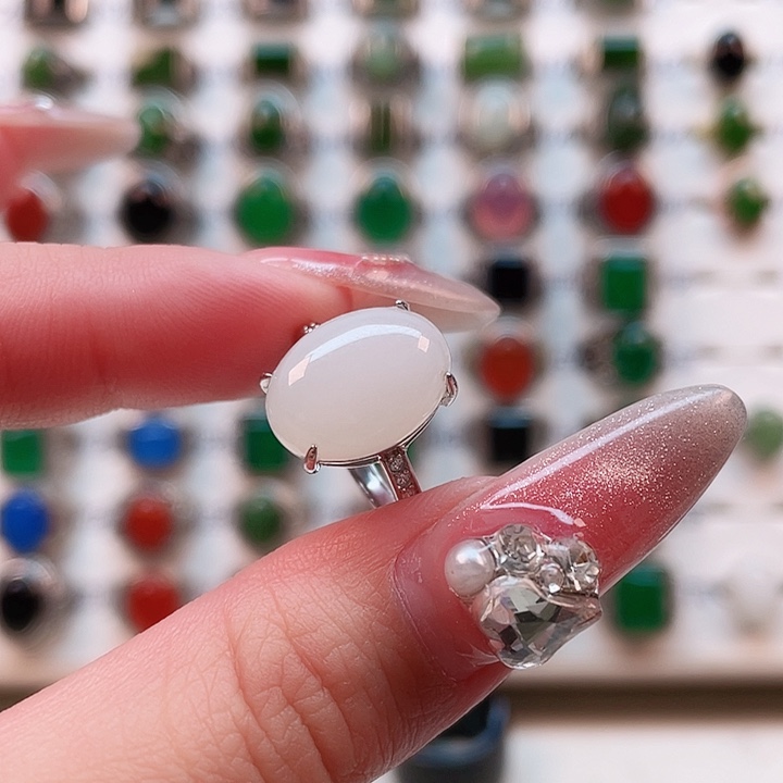 和田玉戒指银S925镶嵌大*