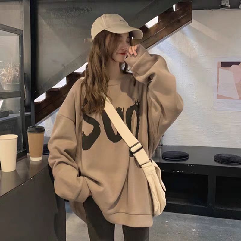 螺纹字母中长款加绒加厚款印花卫衣圆领慵懒风纯色女