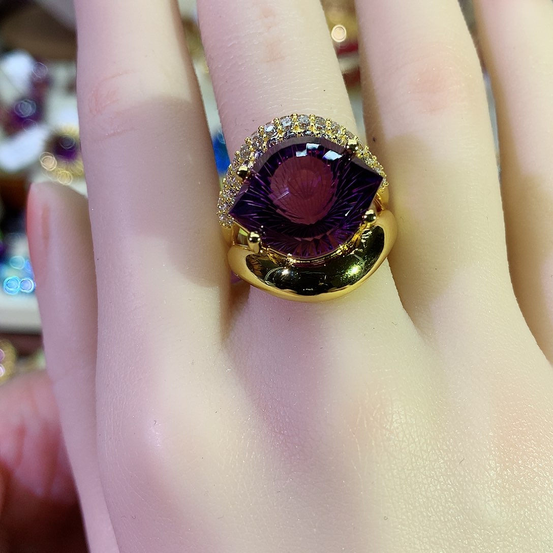 紫晶戒指银S925镀金镶嵌