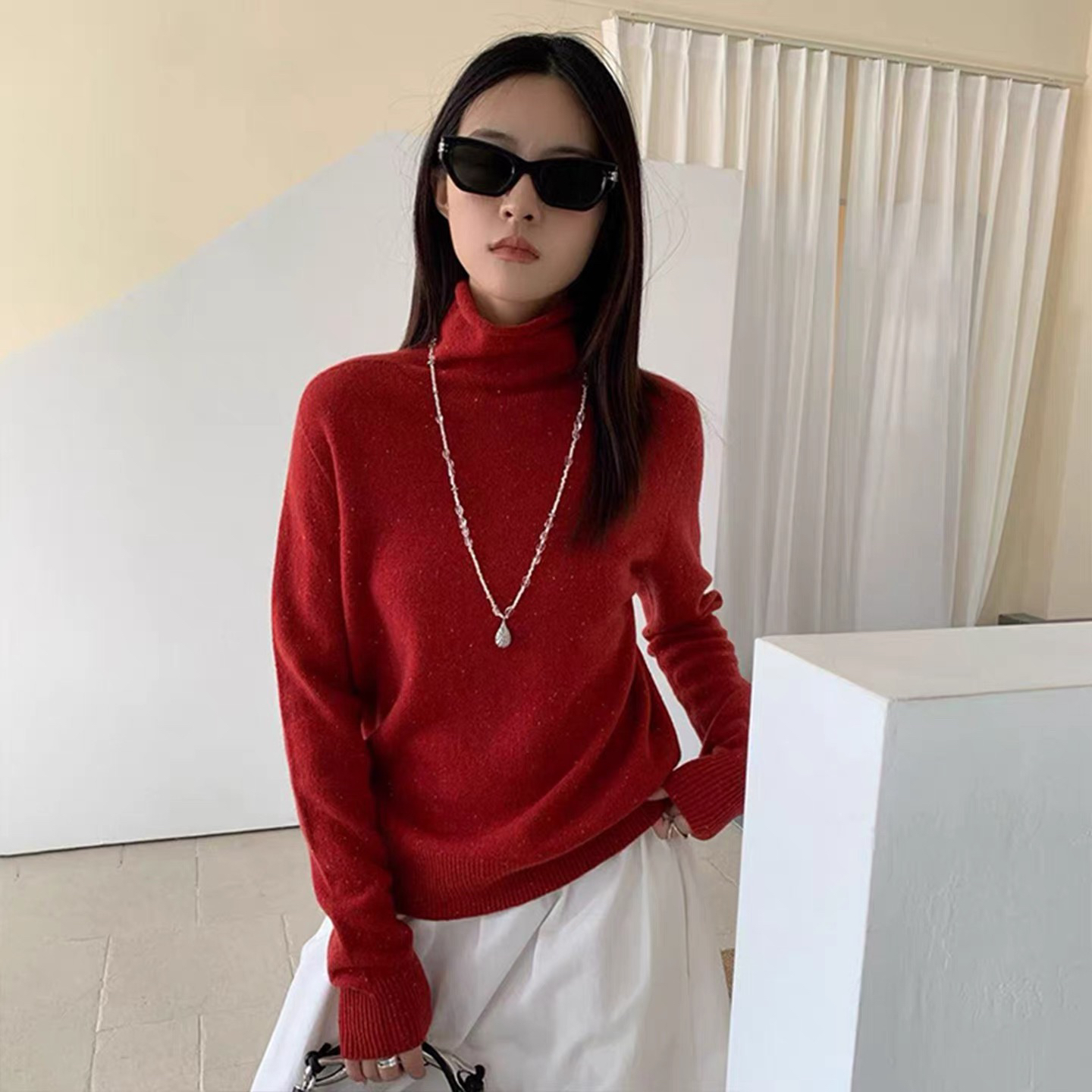点子纱羊毛高领针织打底衫女通勤百搭温柔长袖套头毛衣88236