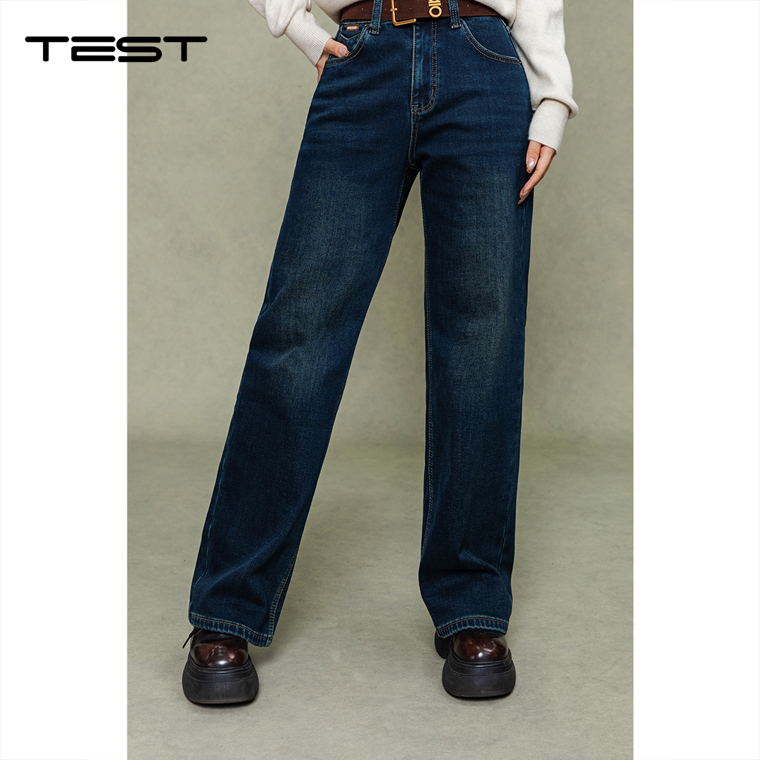 湖南她之蝶25冬3254045冬季新款韩版时尚通勤加绒百搭牛仔阔腿裤