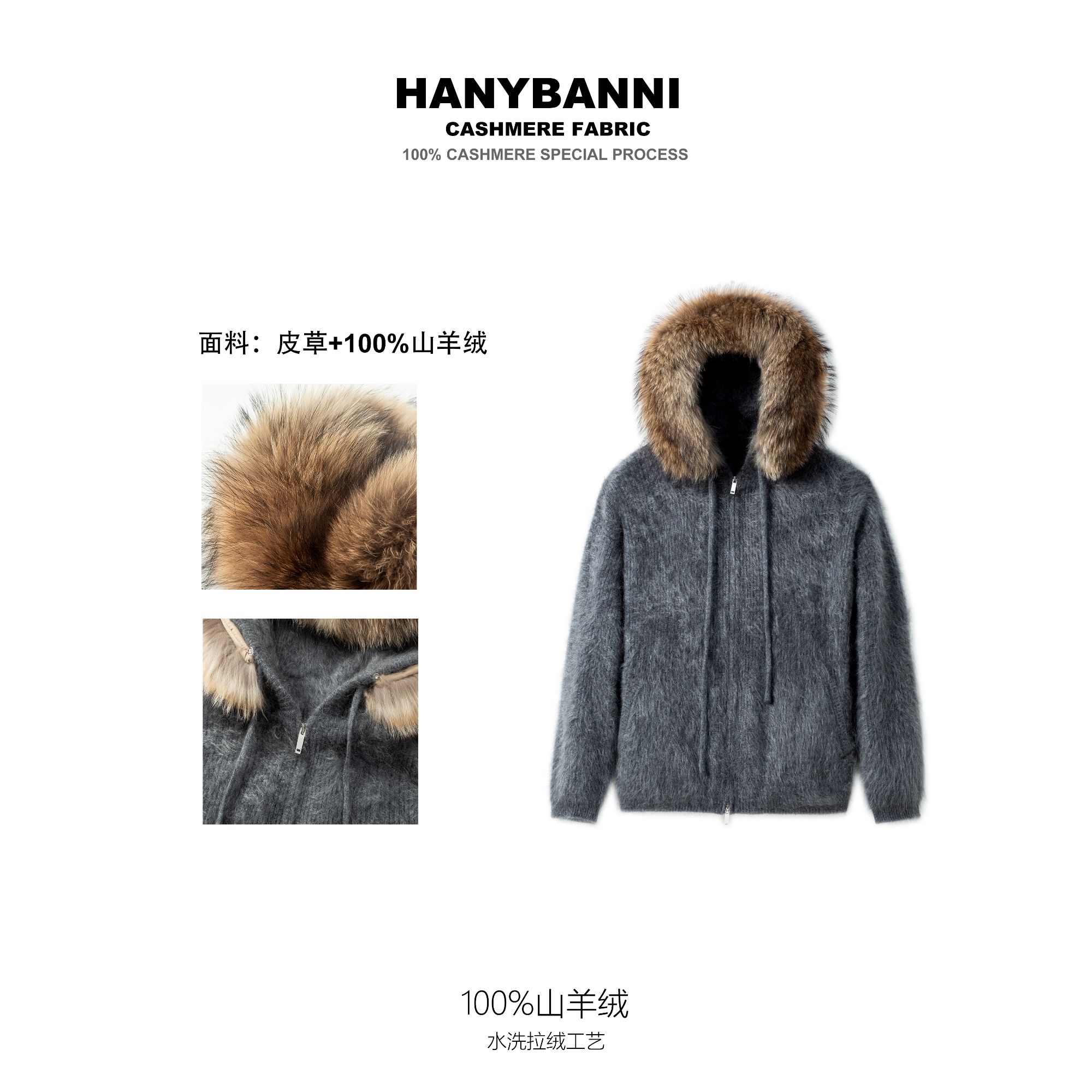 【伦敦隐秘】100山羊绒拉绒 冬季老钱风顶奢皮草质感连帽外套SYR643