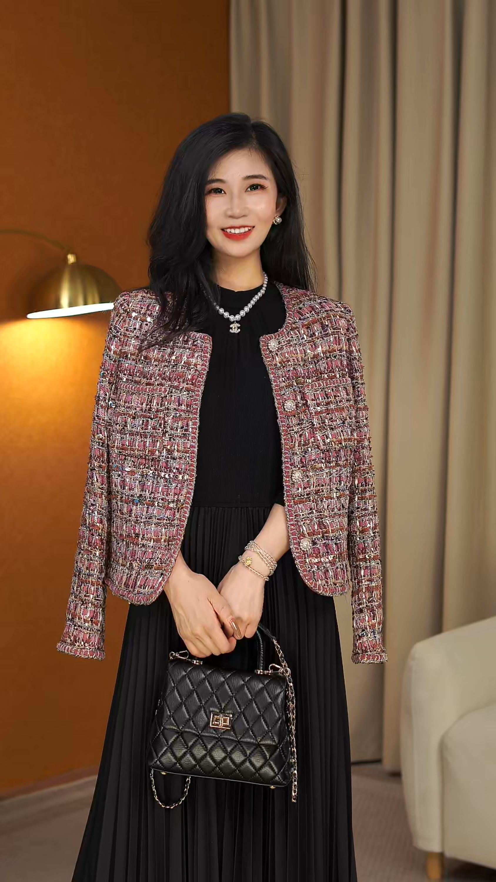 格子编织女水洗厚款长袖短外套秋冬气质粗花呢时尚TUCC336