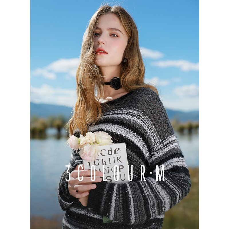 【品牌福利】三彩2025春季新款慵懒风松弛撞色条纹毛衫针织衫dbx