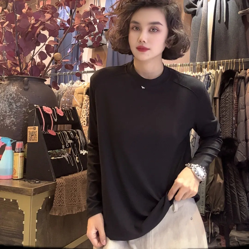 秋冬新款长袖T恤女简约百搭加绒显瘦内搭上衣