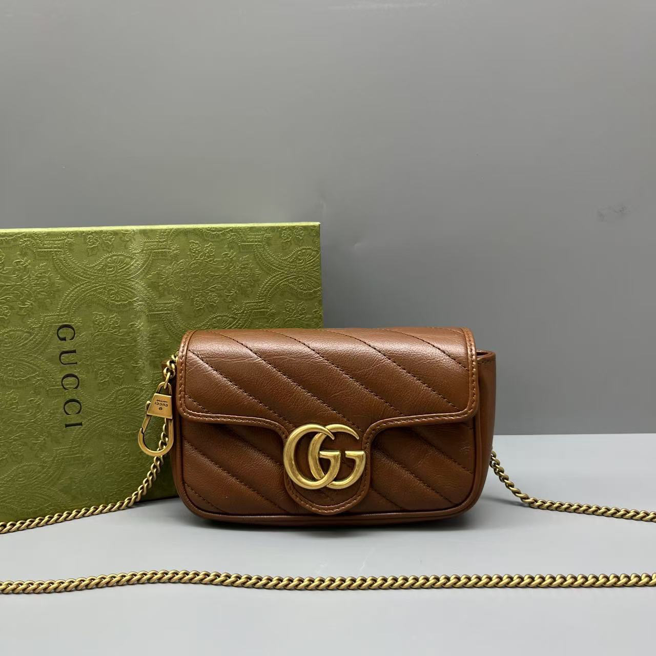 95新 GUCCI/古驰 焦糖色marmont mini链条包 尺寸16*10 SV15259