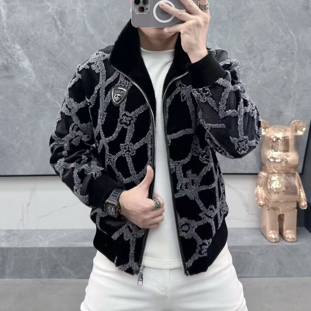 欧货新款暗纹提花高品质时尚百搭潮流痞帅轻奢男士翻领毛外套夹克