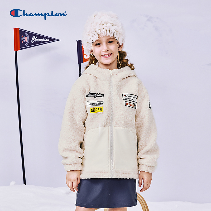 Champion冠军儿童装25冬季新款女大小童摇粒绒立领撞色毛绒外套