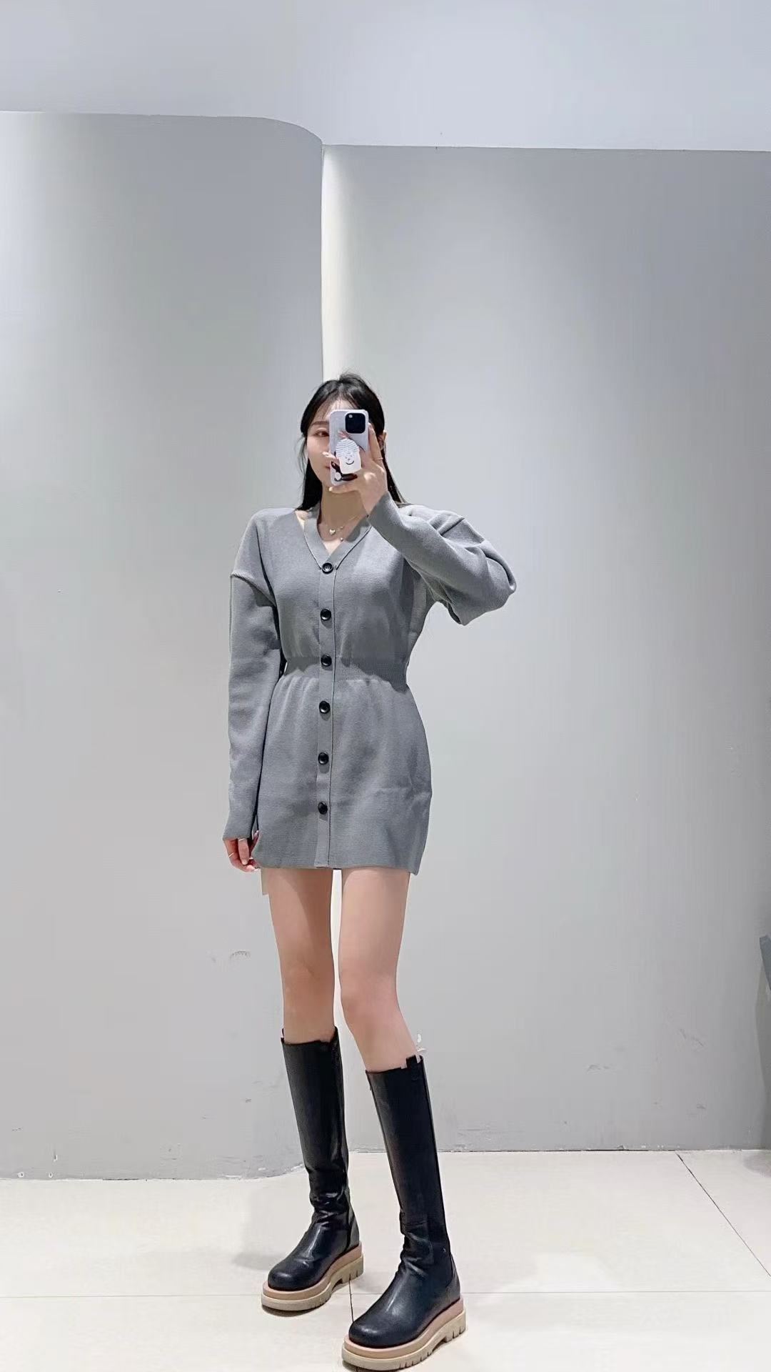 NANA韩国女装秋季新款针织垫肩纯色mon百搭休闲连衣裙