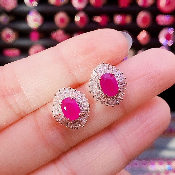 红宝石耳饰银S925镶嵌