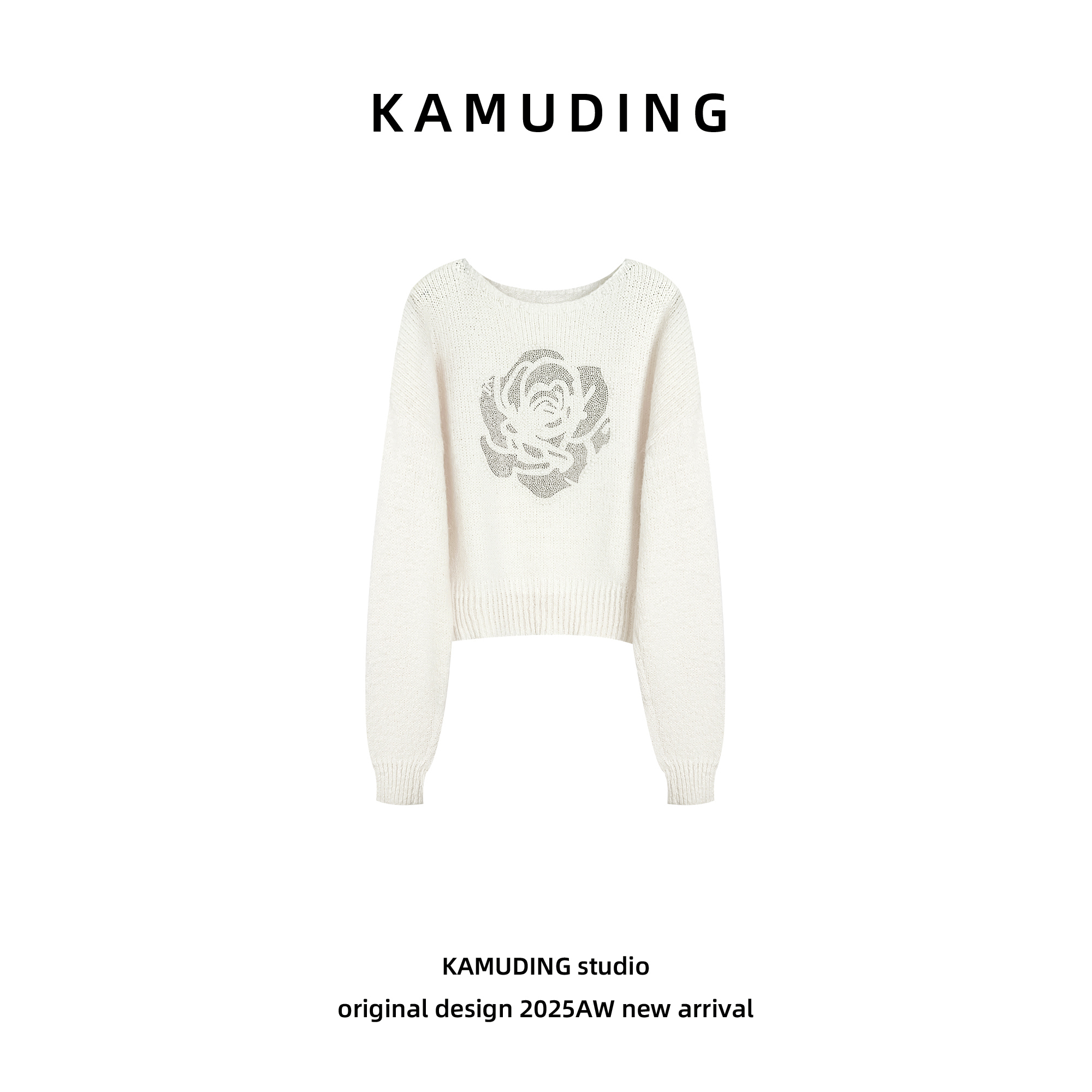 KAMUDING2025新款C52拉夏贝尔烫钻山茶花羊绒套头毛针织衫25585