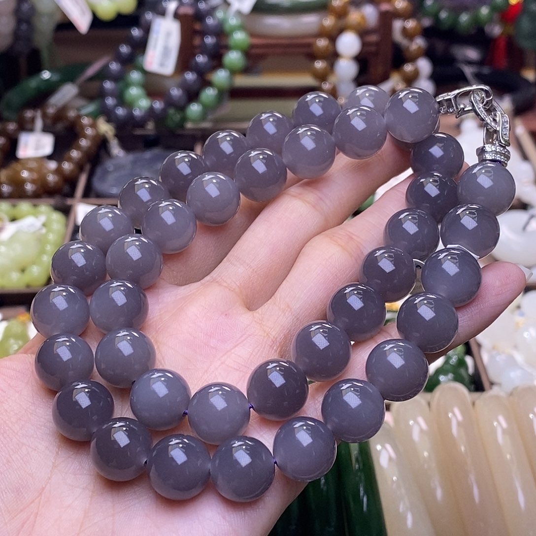 颈饰未镶嵌和田玉高冰浓烟紫银镶妈妈链12MM