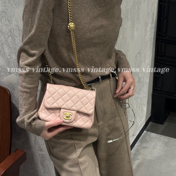 99新 Chanel/香奈儿 山茶花金球方胖子粉色羊皮单肩包芯片03983N