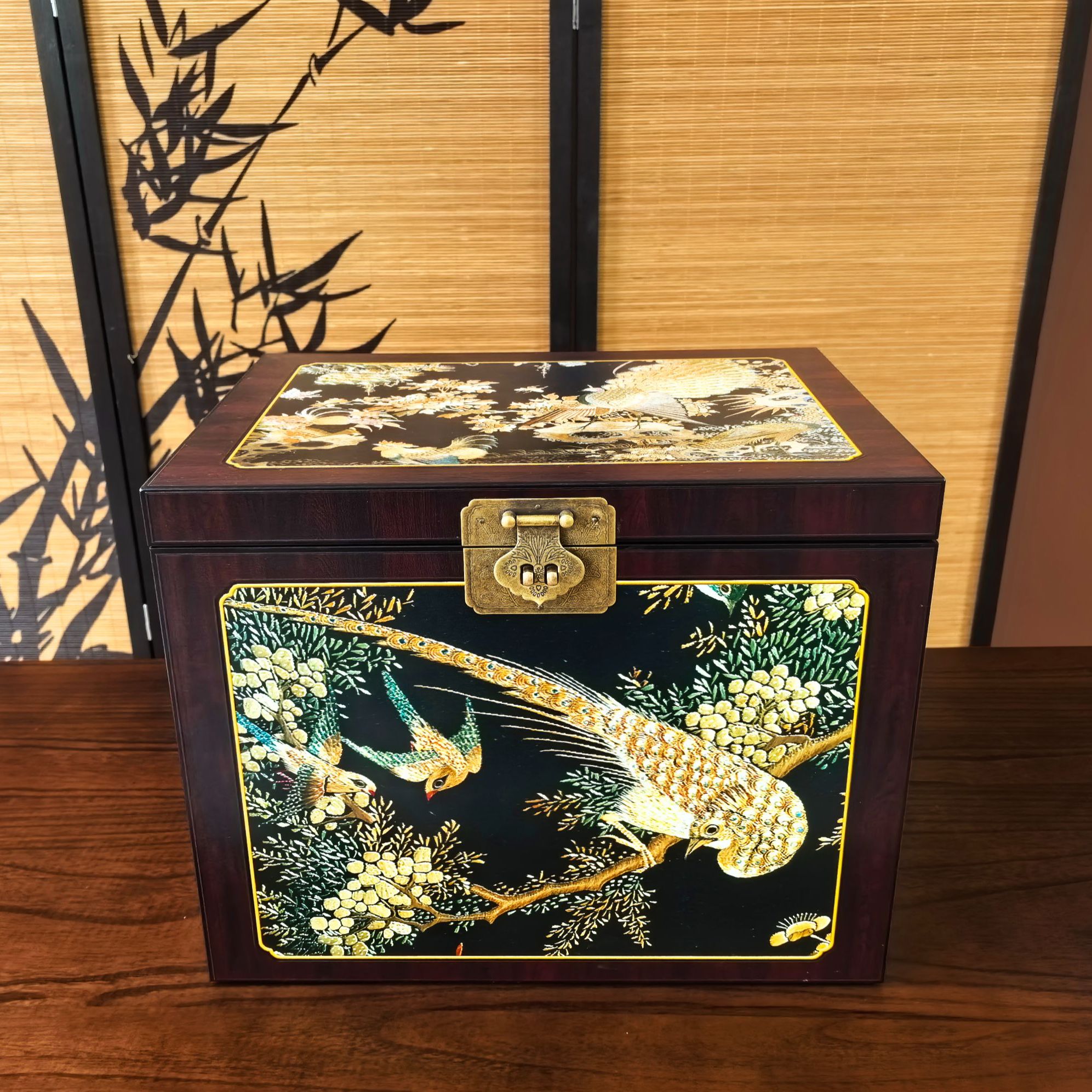 壹藏贰宝复古国风精致中式创意储物木制百鸟朝凤藏宝箱