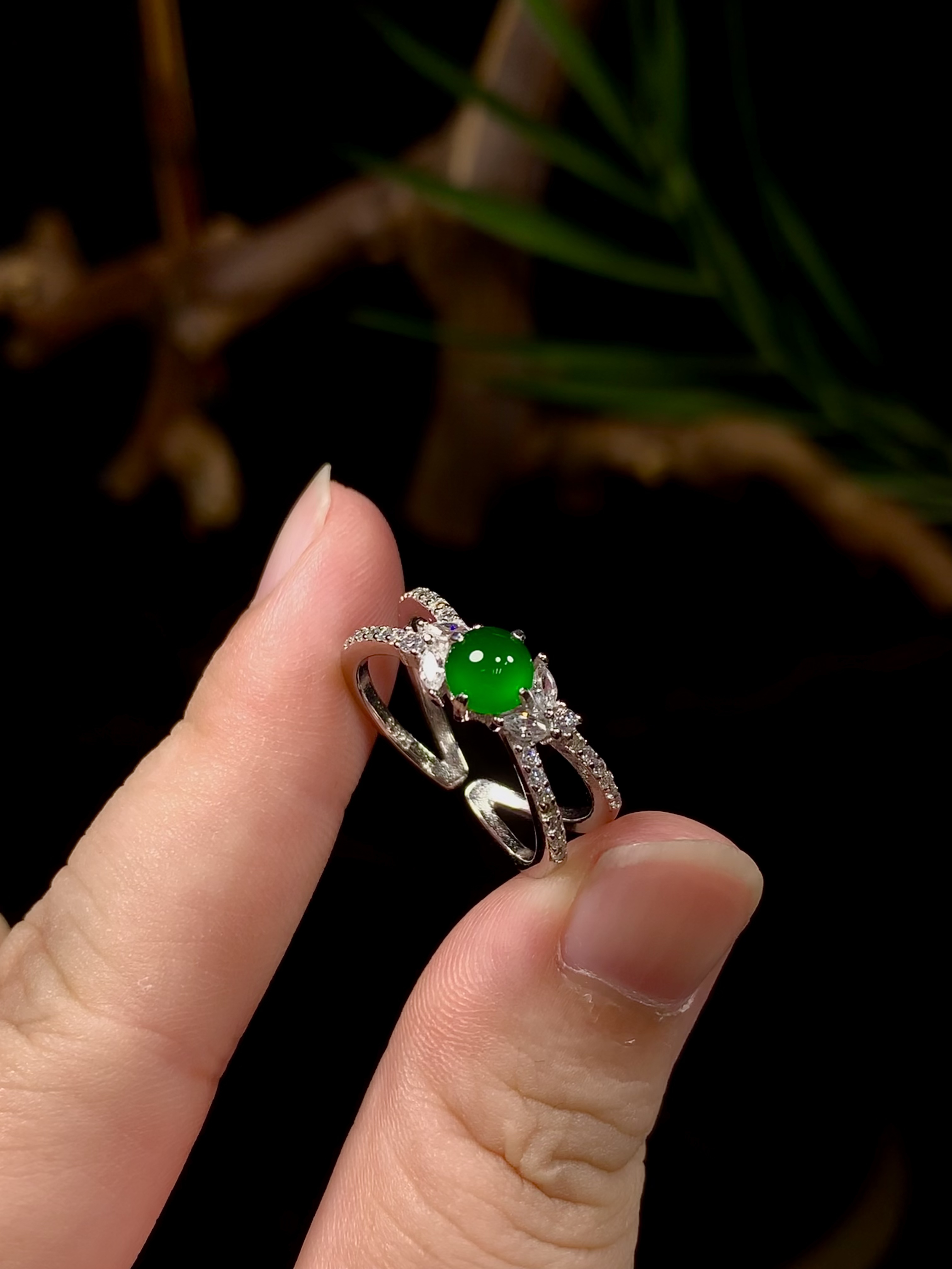 JF041天然A货翡翠满绿蛋面925镶戒指