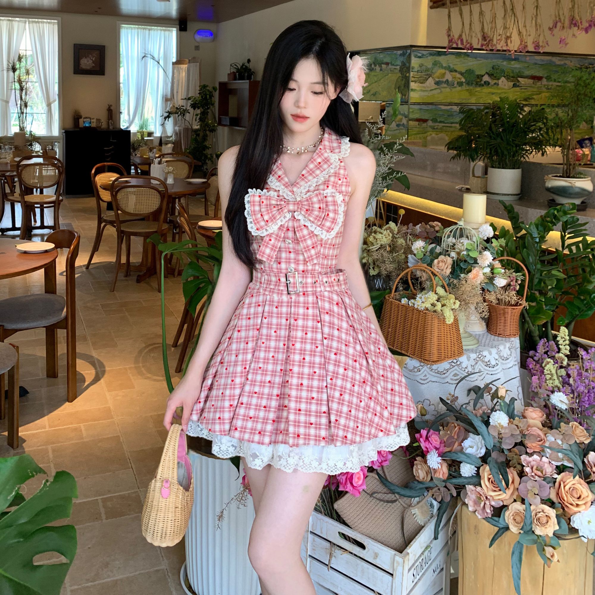Blovelan杨梅冰沙 可盐可甜灵动红格子挂脖蝴蝶结显瘦连衣裙