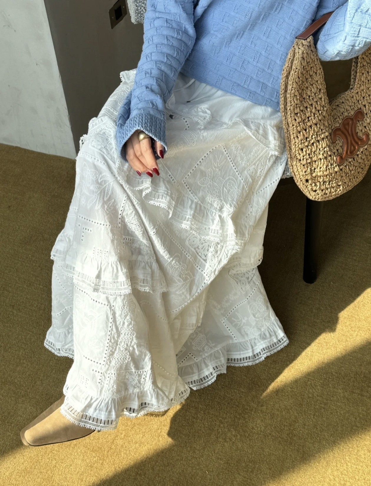 设计师品牌~2025年春季新款高腰棉布蕾丝花边长款蛋糕裙半身裙