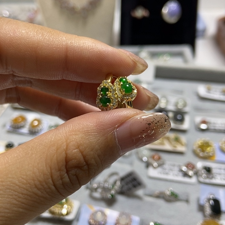 翡翠耳饰银S925镶嵌耳钉