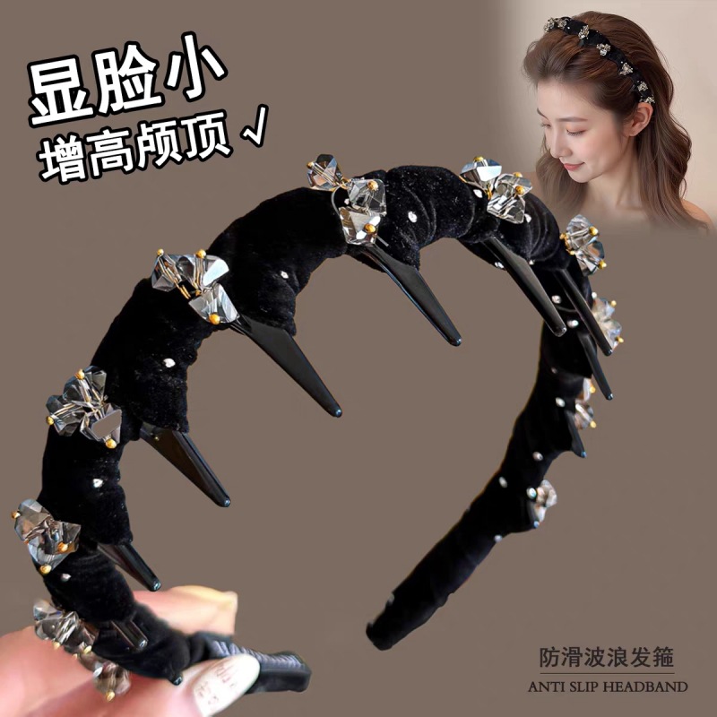 水钻高颅顶发箍女新款秋冬洗脸防滑带齿头箍发卡头饰丝绒款