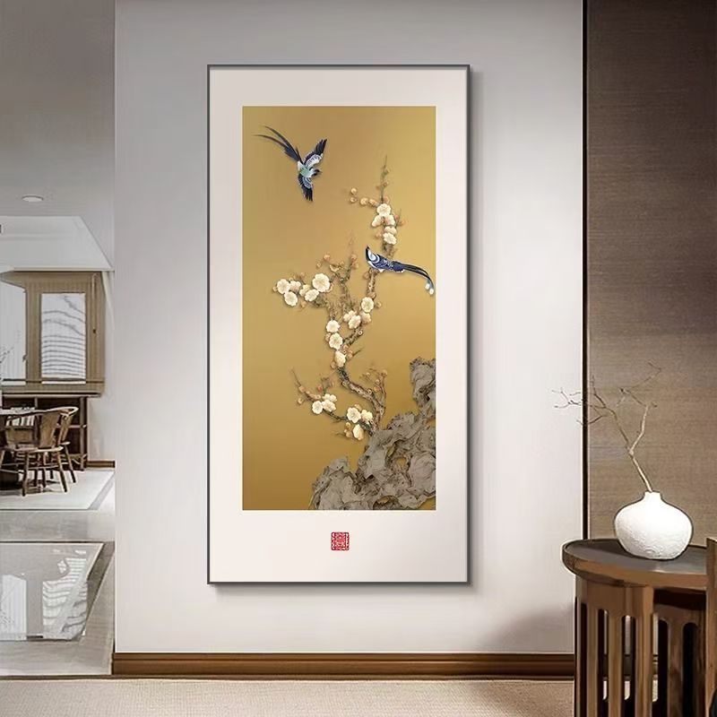 新中式入户玄关竖版花鸟挂画走廊过道喜上眉梢装饰画