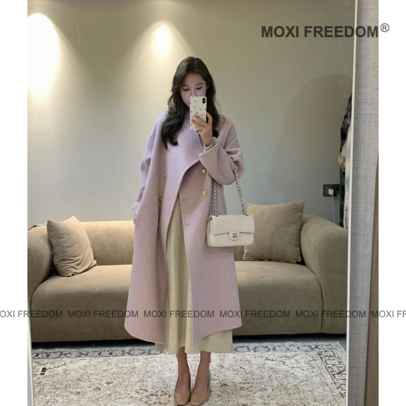 L & L 云云【心软的神】紫色新款双排扣长毛过膝款双面羊毛呢子大衣