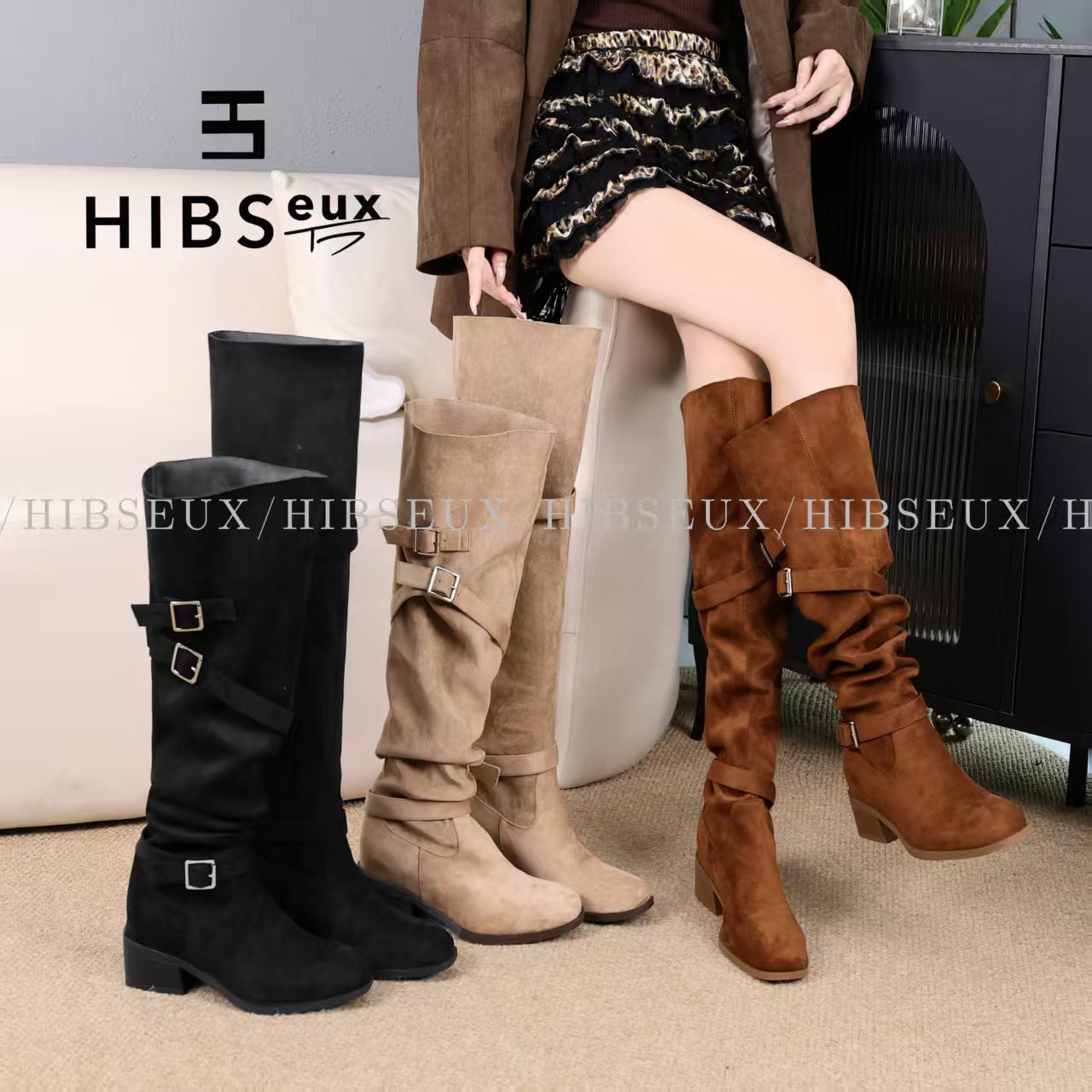 Hibseux/槿奢大筒围堆堆靴女长靴尖头粗跟两穿骑士靴高筒靴881129