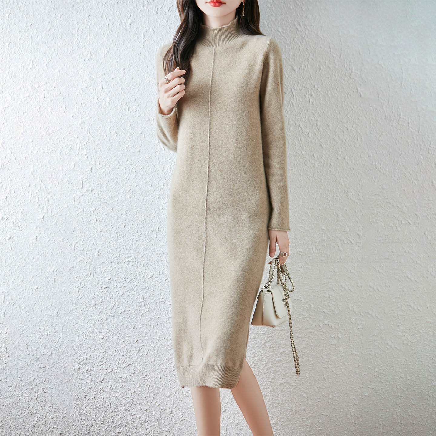 2025新款半高领侧开叉优雅百搭长款纯羊毛衫