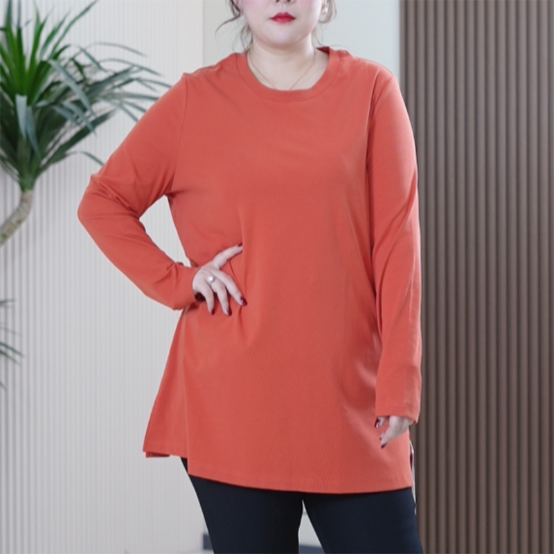 侧微开叉T恤女大码弹力舒适百搭亲肤棉质简约运动打底中长款上衣