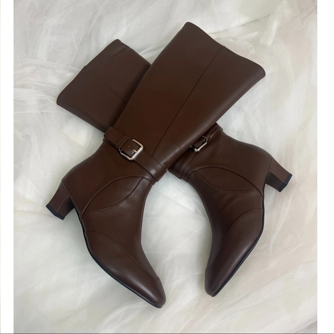 【夏之柒】时尚巴黎靴 酱咖色秋冬尖头靴 不过膝长靴  时装女靴