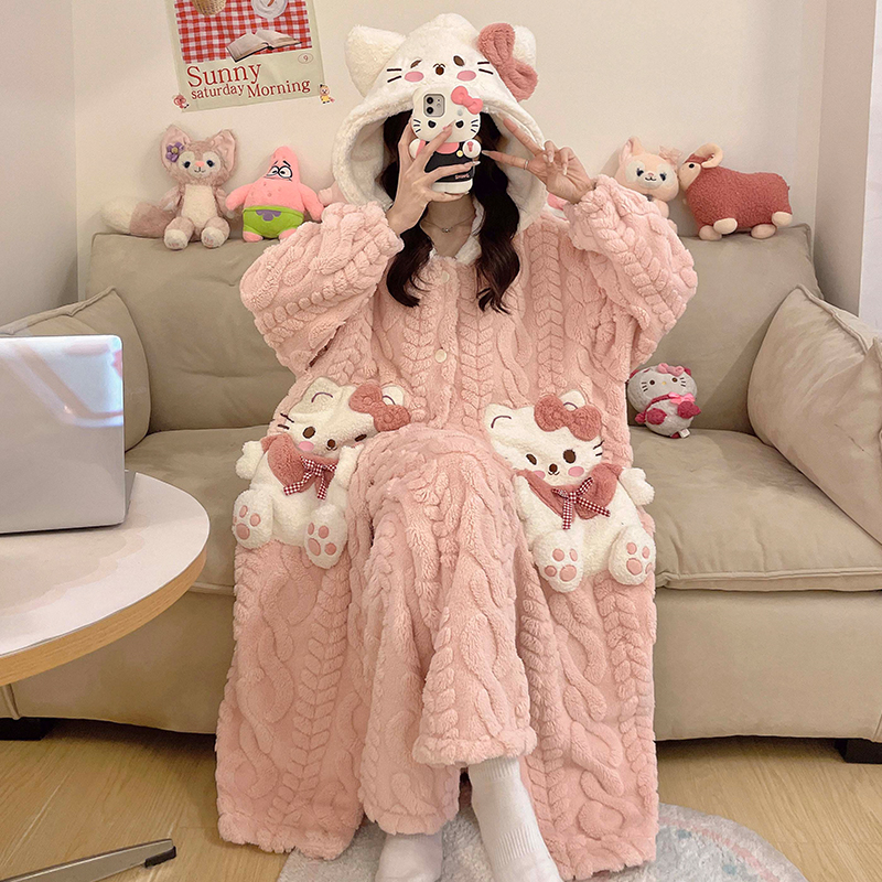 睡衣女秋冬季加长款珊瑚绒睡袍加绒加厚连帽套装法兰绒家居服冬款